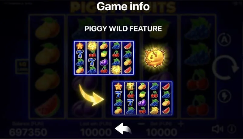 Piggy Fruits - екран на играта с решетка 5х4 и плодови символи